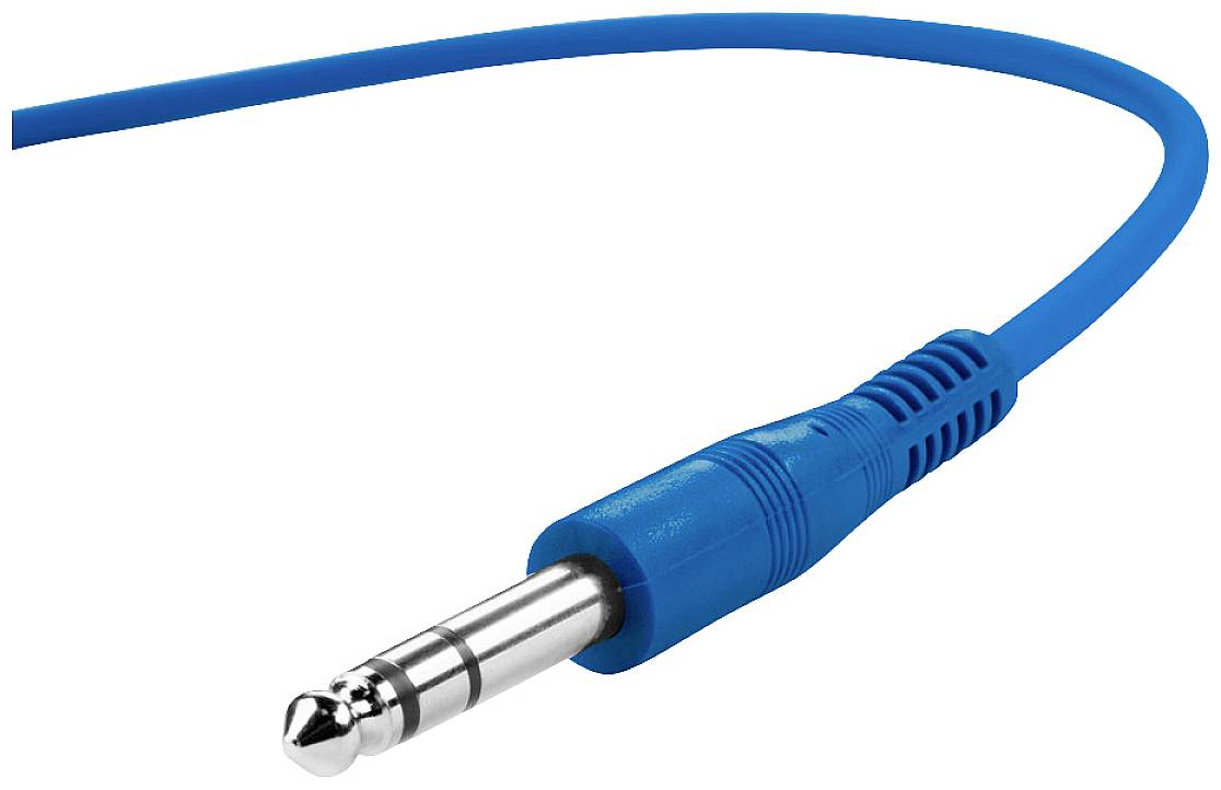 Blauw audiokabel met een 6,35 mm-stekker wijst van links naar rechts. Geschikt voor muziekinstrumenten of audio-apparatuur.