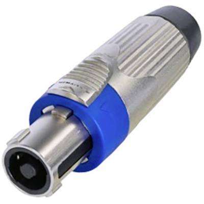 'Een Neutrik XLR-stekker, zilver met blauwe en zwarte mantel, voor professionele audiokabelverbindingen.'