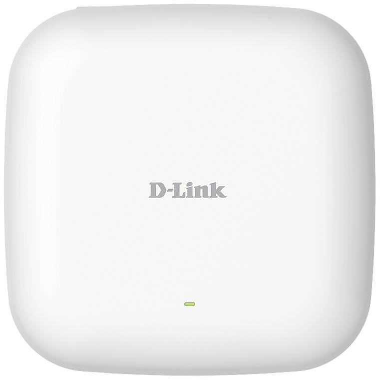 Een witte D-Link WLAN-access point met afgeronde hoeken, modelaanduiding op de bovenkant, toont bedrijfsindicator met groen licht.