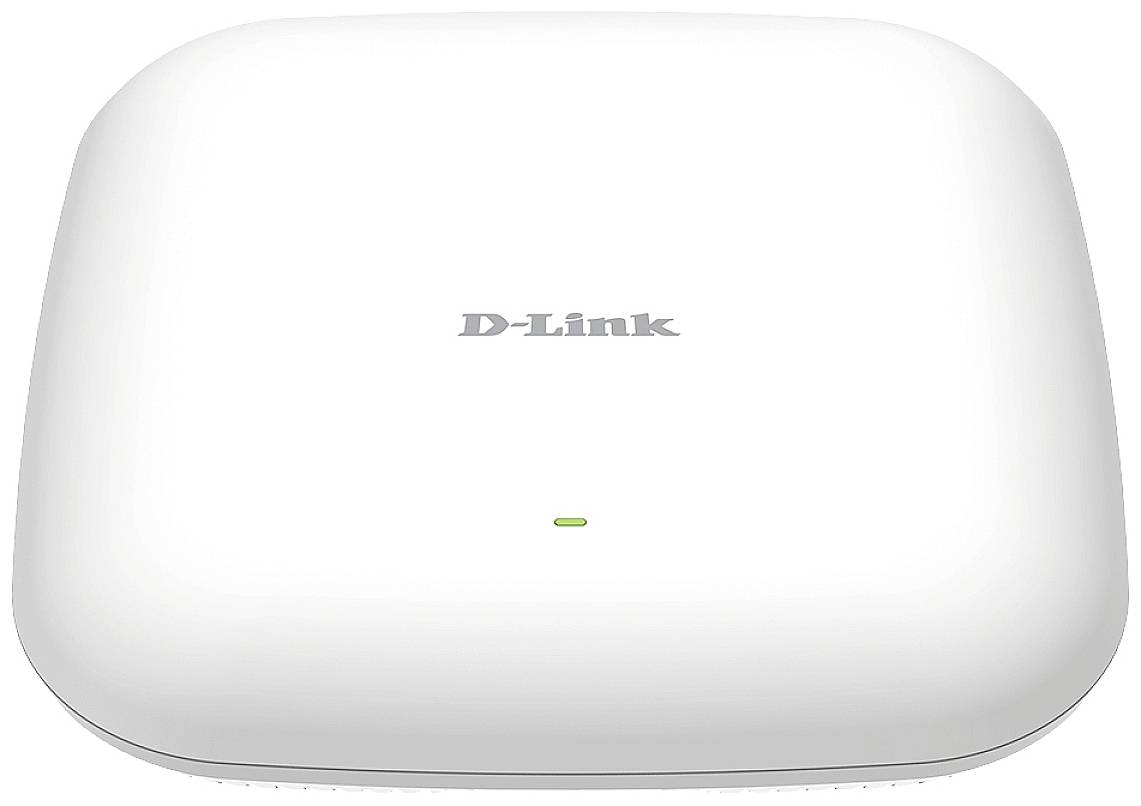 Een witte D-Link Wi-Fi Access Point met een groen lampje aan de voorkant, gebruikt voor draadloze netwerkverbindingen.