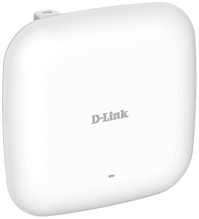 Wandgemonteerde, vierkante, witte D-Link WiFi-router met afgeronde hoeken.