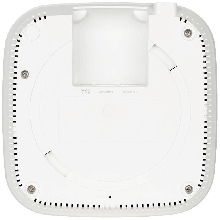 Diagram van een witte plafondbevestiging, vierkant met afgeronde hoeken, toont schroefposities en een centraal kabelkanaal.