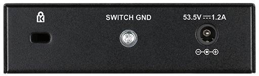 Een zwart apparaat met een schakelaar die is gemarkeerd met 'SWITCH GND' en een aansluiting die 53,5V en 1,2A aangeeft.