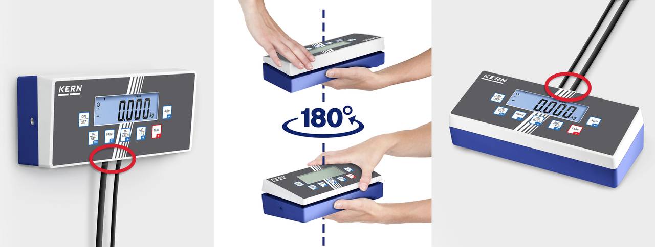 'Drie afbeeldingen tonen een KERN-display dat 180° kan worden gedraaid tijdens gebruik. Focus op de knopgeactiveerde functie.'