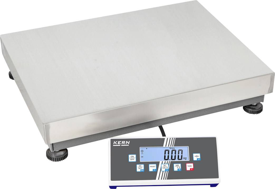 Industrieweegschaal met een groot, vlak weegoppervlak en een digitaal display op een apart module. Het display toont '0.00'.