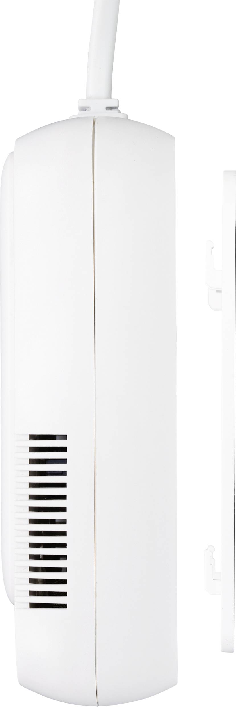 Luchtreiniger van opzij met ventilatiesleuven, behuizing in het wit.