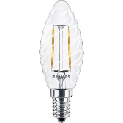 Een heldere LED-kaarslamp met E14-fitting en oranje filamenten, geschikt voor decoratieve verlichting.