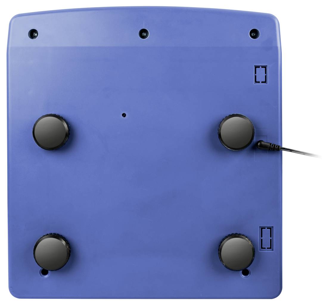 Achterkant van een blauw apparaat met vier zwarte steunpoten en een kabelaansluiting aan de rechterkant.