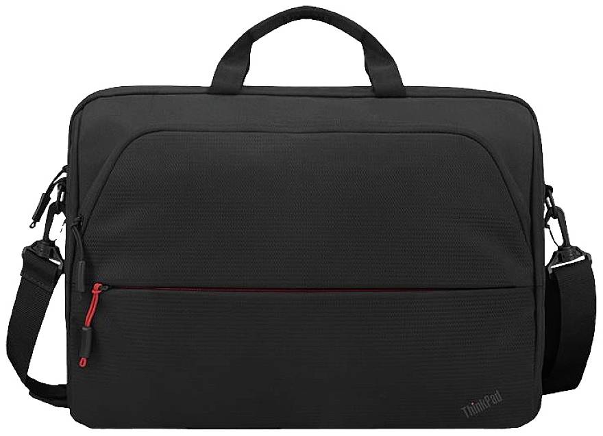 Een zwarte laptoptas met een handgreep en een verstelbare schouderband. Een rode rits is aan de voorkant zichtbaar.