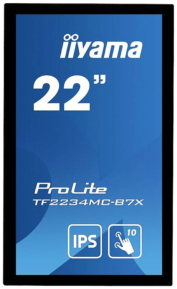 Afbeelding van een monitor met de tekst 'iiyama, 22", ProLite TF2234MC-B7X'. Pictogrammen voor IPS-display en 10-punts touchscreen.
