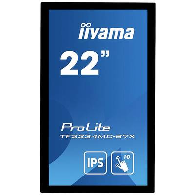 Afbeelding van een monitor met de tekst 'iiyama, 22", ProLite TF2234MC-B7X'. Pictogrammen voor IPS-display en 10-punts touchscreen.