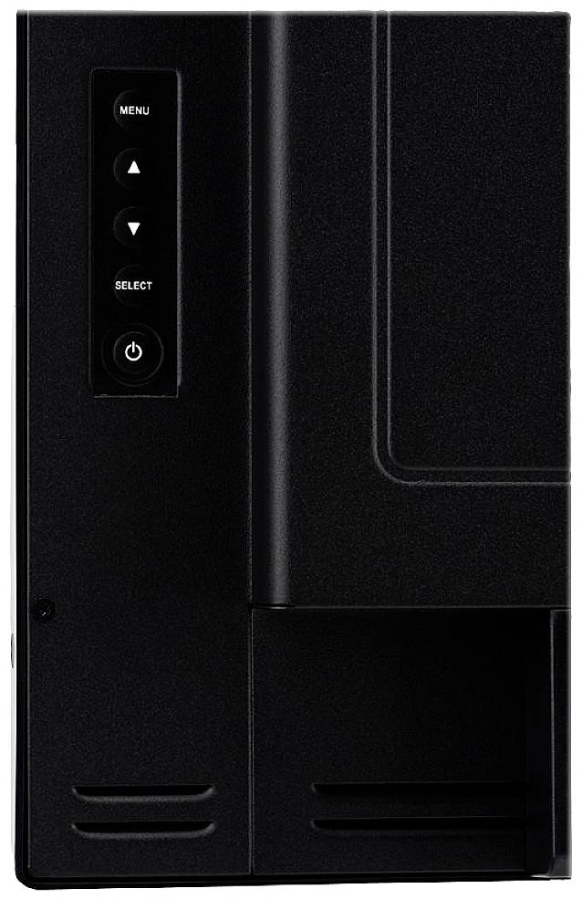 Het beeld toont een zwart bedieningspaneel van een apparaat met toetsen voor 'Menu', 'Select' en 'Power'. Aan de linkerkant zijn pijltoetsen zichtbaar.