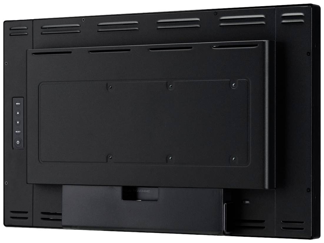 Achterkant van een zwarte flatscreen met ventilatiesleuven en wandmontagebevestiging.