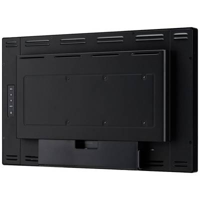 Achterkant van een zwarte flatscreen met ventilatiesleuven en wandmontagebevestiging.