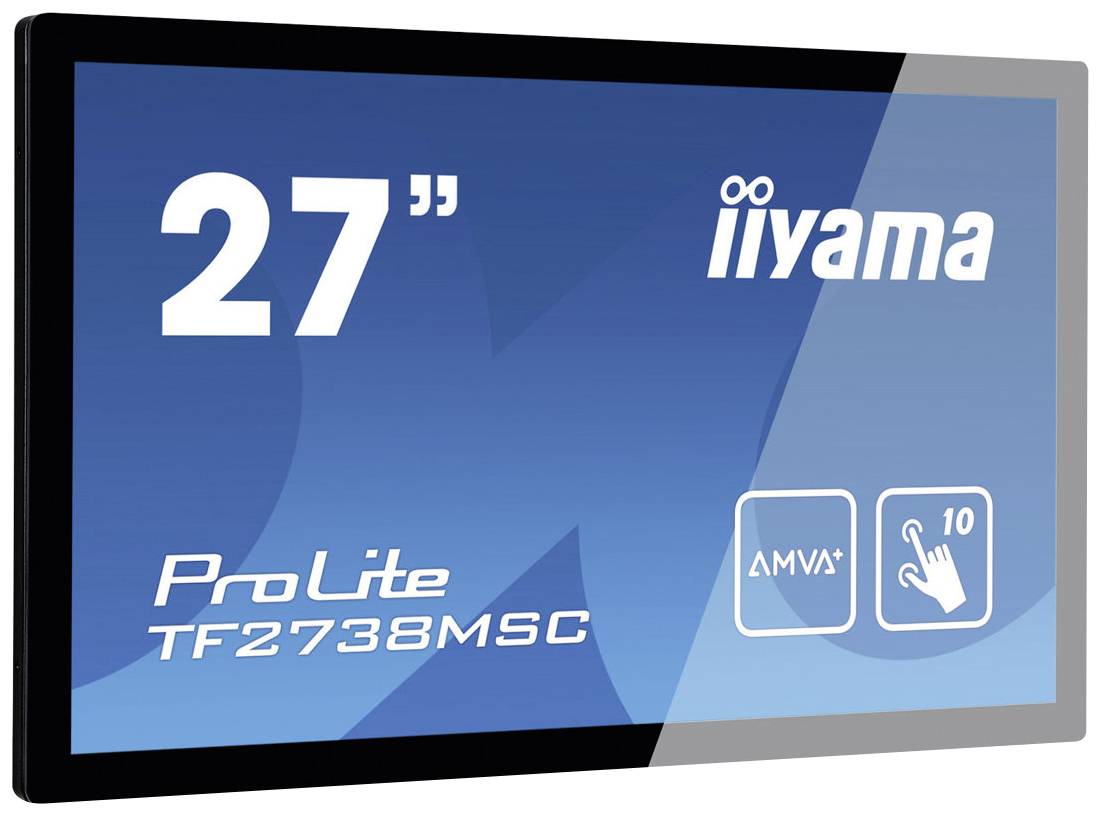 Het scherm toont een 27-inch-monitor van iiyama met het modelaanduiding ProLite TF2738MSC. Het beschikt over AMVA+ technologie en 10-punts touchfunctionaliteit.