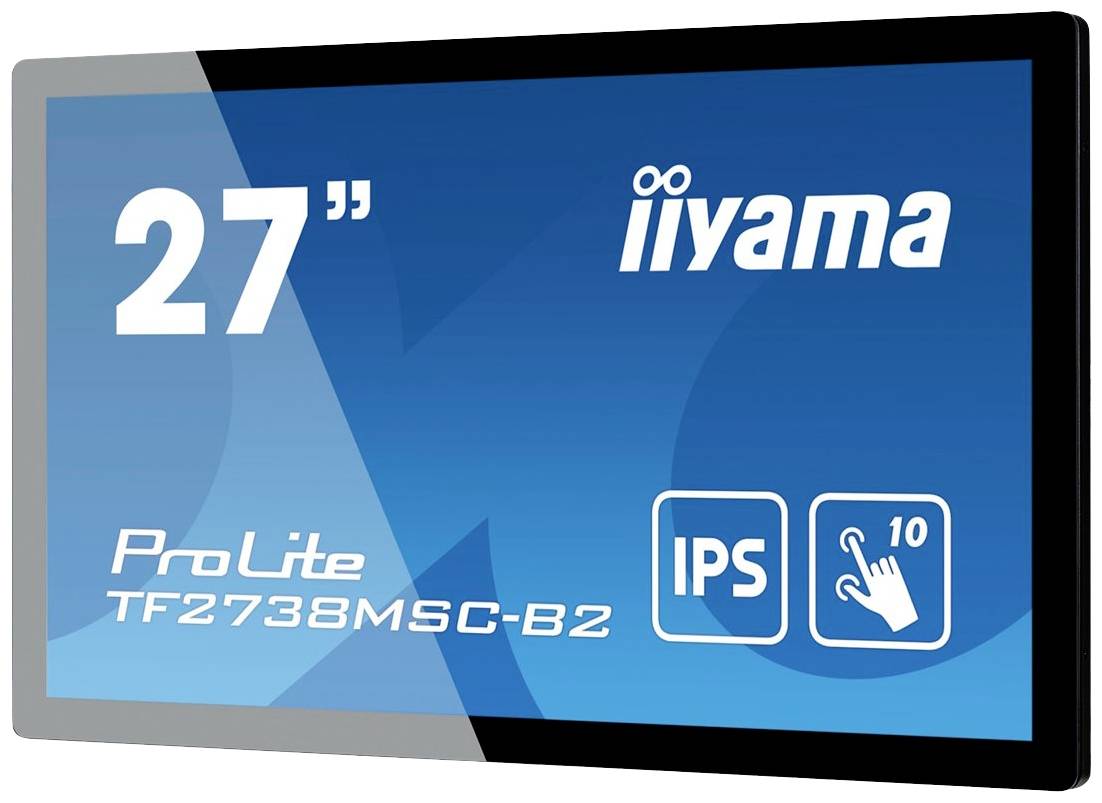'27 inch iiyama ProLite TF2738MSC-B2 Monitor, IPS-paneel, 10-punts touchscreen' op blauwe achtergrond.