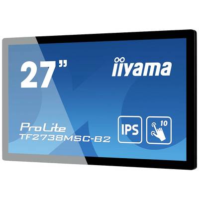 '27 inch iiyama ProLite TF2738MSC-B2 Monitor, IPS-paneel, 10-punts touchscreen' op blauwe achtergrond.