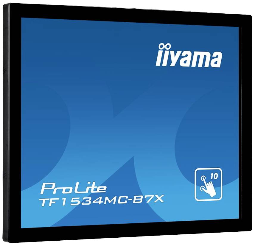 Een blauwe monitor met het 'iiyama' logo en de tekst 'ProLite TF1534MC-B7X'. Een symbool toont de 10-punt touchscreen-functie.