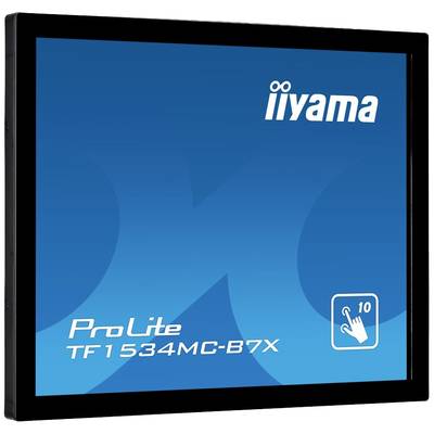 Een blauwe monitor met het 'iiyama' logo en de tekst 'ProLite TF1534MC-B7X'. Een symbool toont de 10-punt touchscreen-functie.