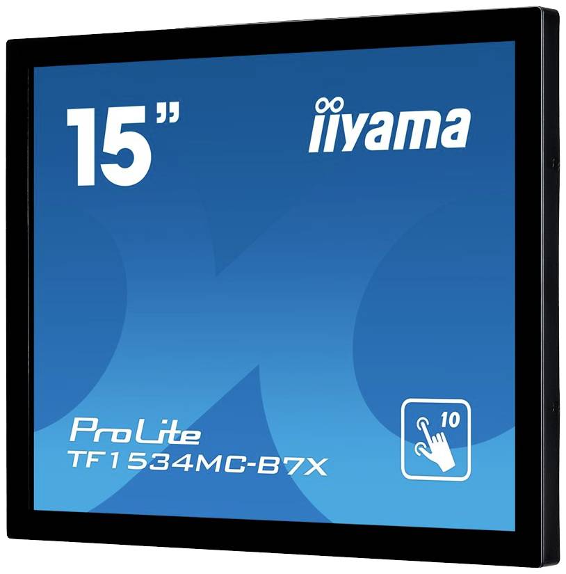 Een 15-inch Iiyama touchscreen-monitor met modelnummer 'ProLite TF1534MC-B7X' wordt weergegeven.