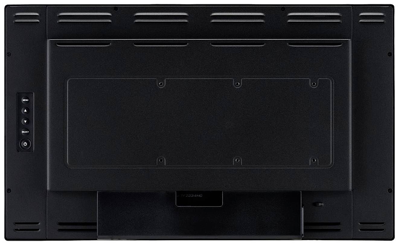 Het beeld toont de achterkant van een zwarte flatscreen televisie. Het aansluitveld en de ventilatieopeningen zijn zichtbaar.