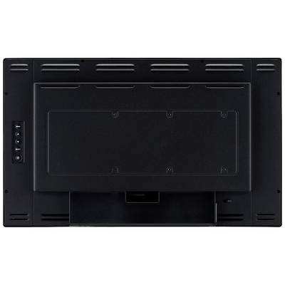 Het beeld toont de achterkant van een zwarte flatscreen televisie. Het aansluitveld en de ventilatieopeningen zijn zichtbaar.