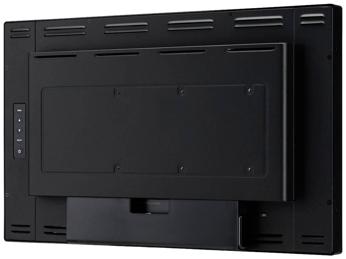 Achteraanzicht van een zwart, rechthoekig apparaat, mogelijk een digitaal scherm of monitor, met verluchtingssleuven en bevestigingssteun.