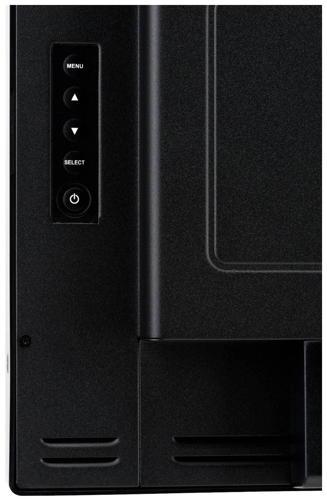 'Achterkant van een zwarte monitor met toetsen: Menu, Selectie, Aan/Uit. Randen en ventilatiesleuven zijn zichtbaar.'