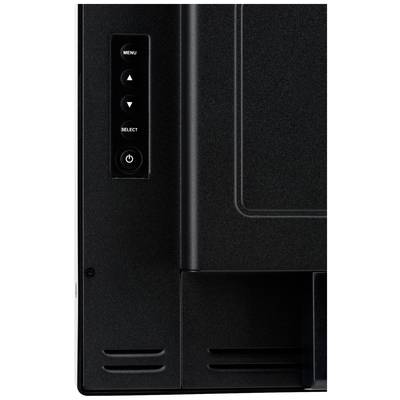 'Achterkant van een zwarte monitor met toetsen: Menu, Selectie, Aan/Uit. Randen en ventilatiesleuven zijn zichtbaar.'
