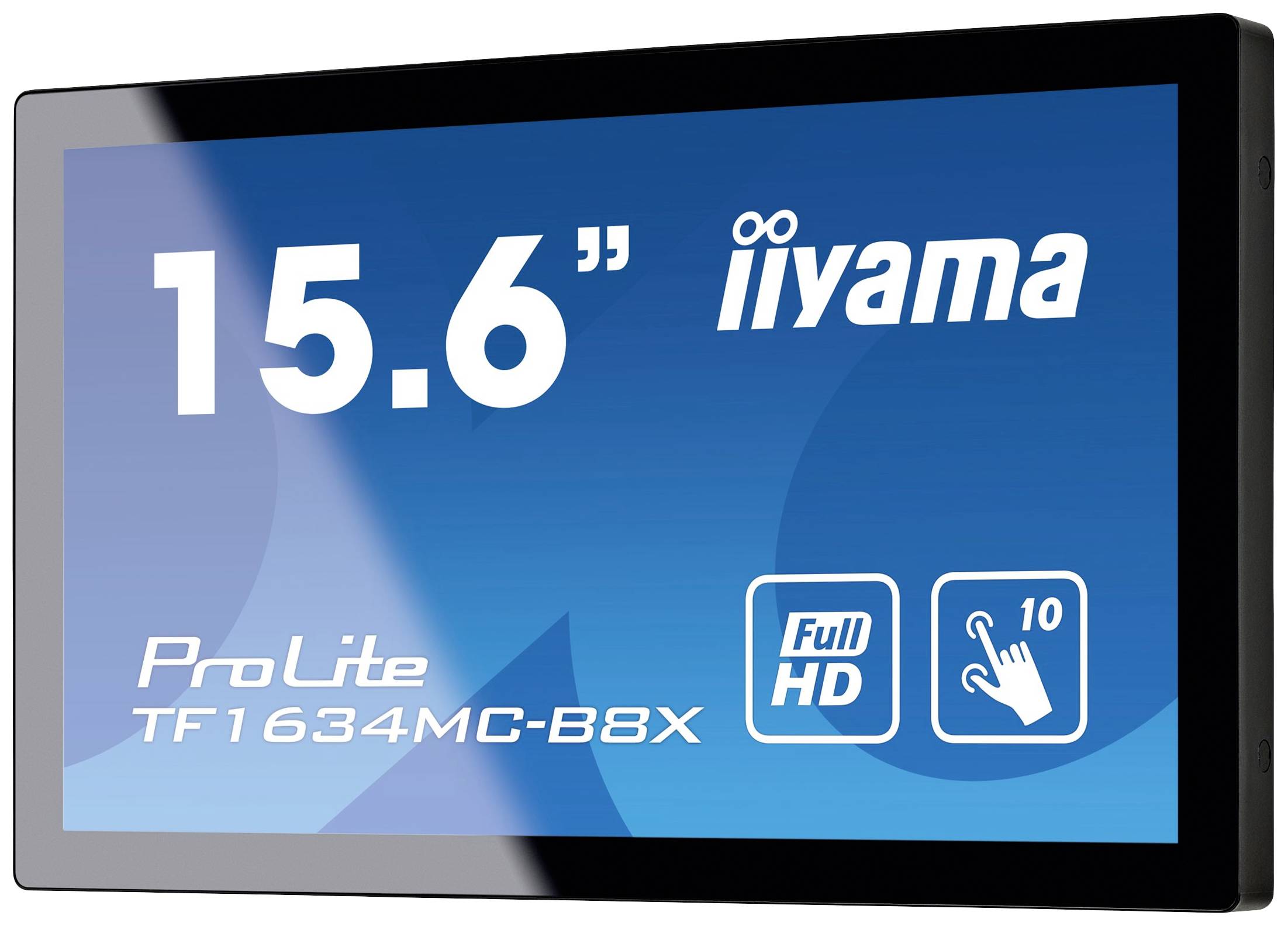 Het scherm beschikt over een 15,6-inch display met touchscreen-functie, Full HD-resolutie en het modelaanduiding 'ProLite TF1634MC-B8X'.