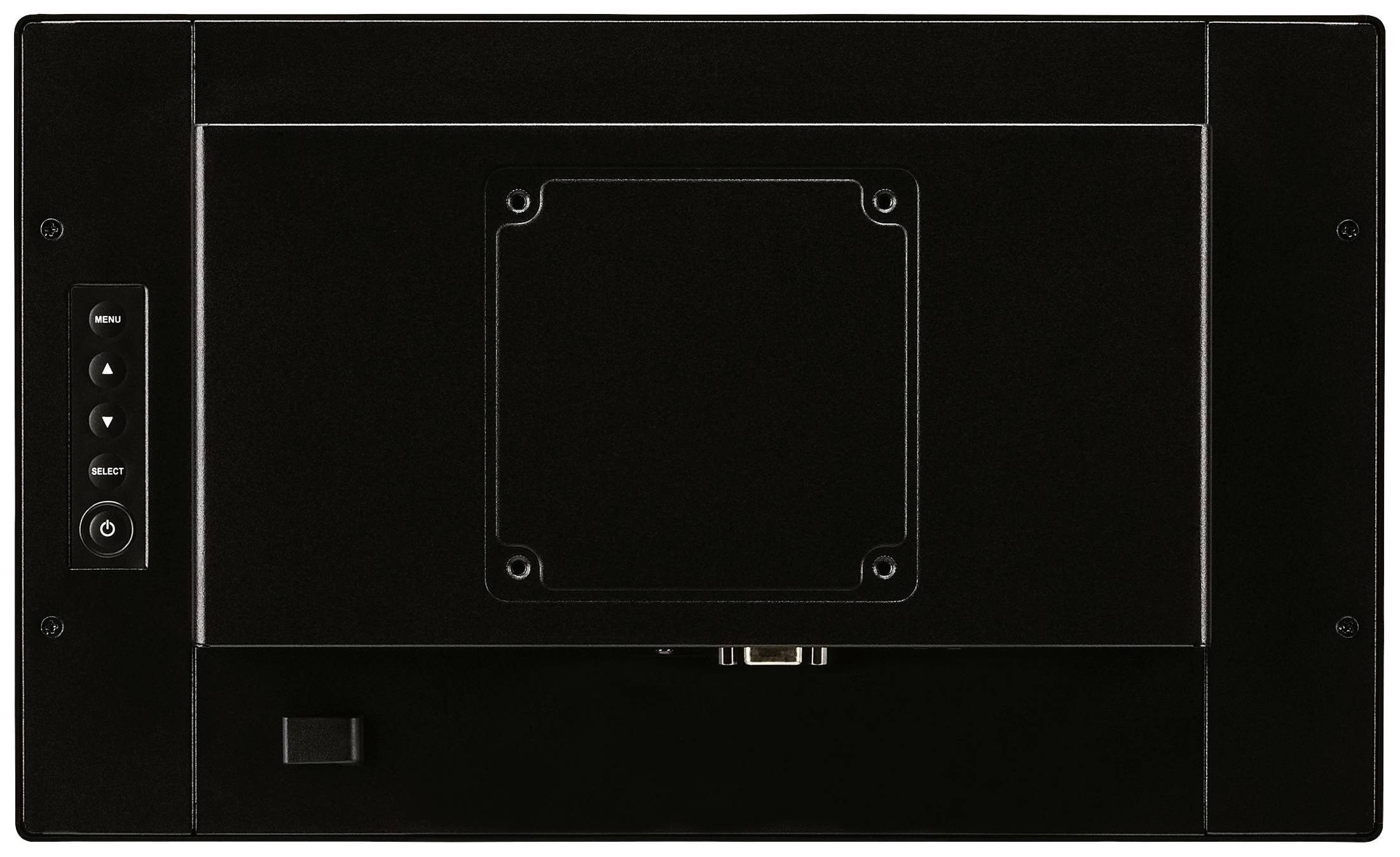 Een zwarte technische monitor, gezien van achteren, met bedieningsknoppen links en aansluitingsmogelijkheden onderaan.