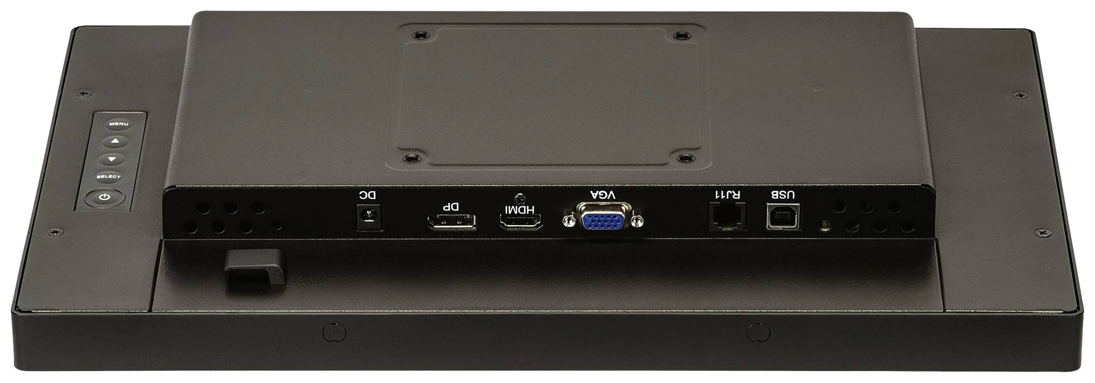 Achterkant van een monitor met aansluitingen: gelijkstroom, HDMI, VGA, audio-ingang en USB. Links bedieningsknoppen voor menu en volume.