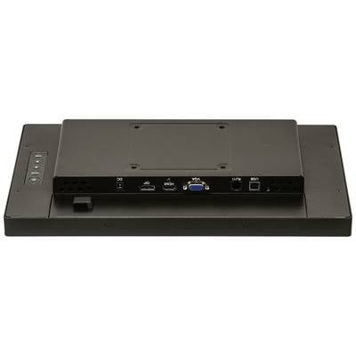 Achterkant van een monitor met aansluitingen: gelijkstroom, HDMI, VGA, audio-ingang en USB. Links bedieningsknoppen voor menu en volume.