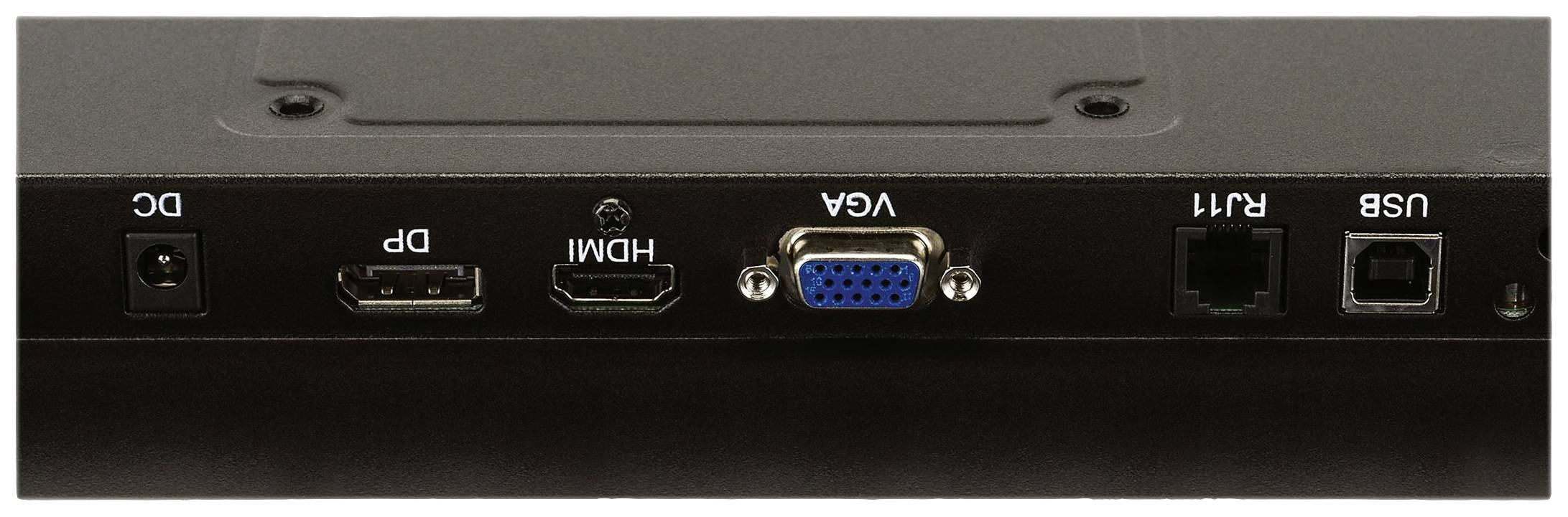 Aansluitingen aan de achterkant van een monitor: DC, DP, HDMI, VGA, twee RJ11-aansluitingen en een USB-aansluiting.