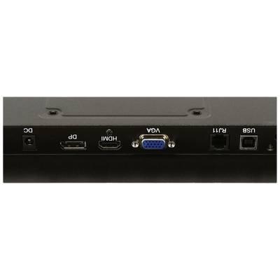 Aansluitingen aan de achterkant van een monitor: DC, DP, HDMI, VGA, twee RJ11-aansluitingen en een USB-aansluiting.