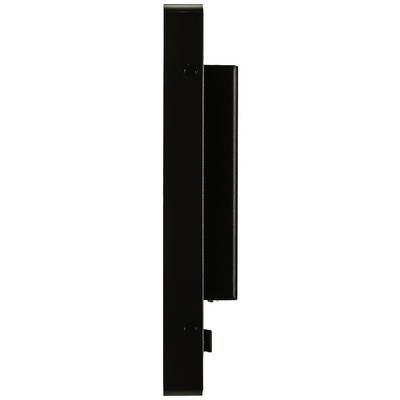 Zwart, rechthoekig, verticaal gepositioneerd object met een plat profiel en een uitstekend element aan de zijkant.