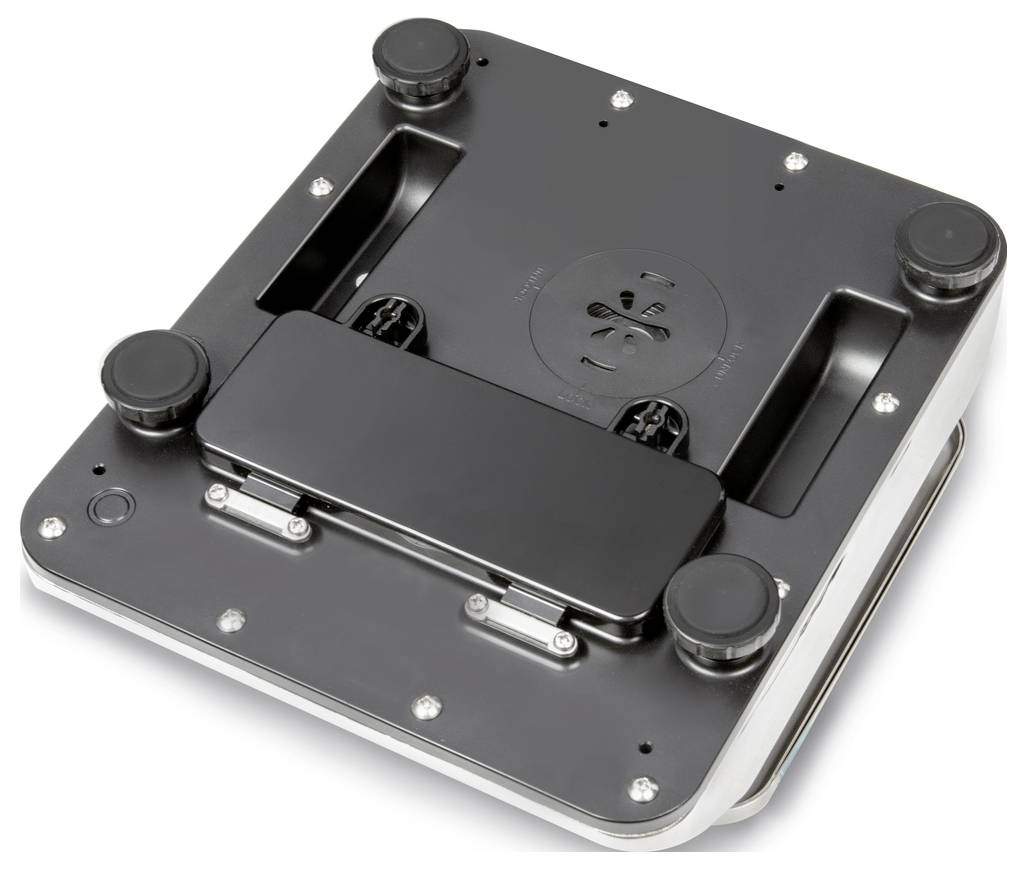 Zwarte, vierkante basis van een elektronisch apparaat met vier wielen op de hoeken, waarschijnlijk onderdeel van een robot of reinigingsapparaat.