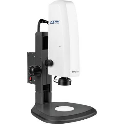Een digitaal microscoop met een wit behuizing en zwart statief van het merk KERN. Het heeft een verstelbare houder en een verlicht objectdragergebied.