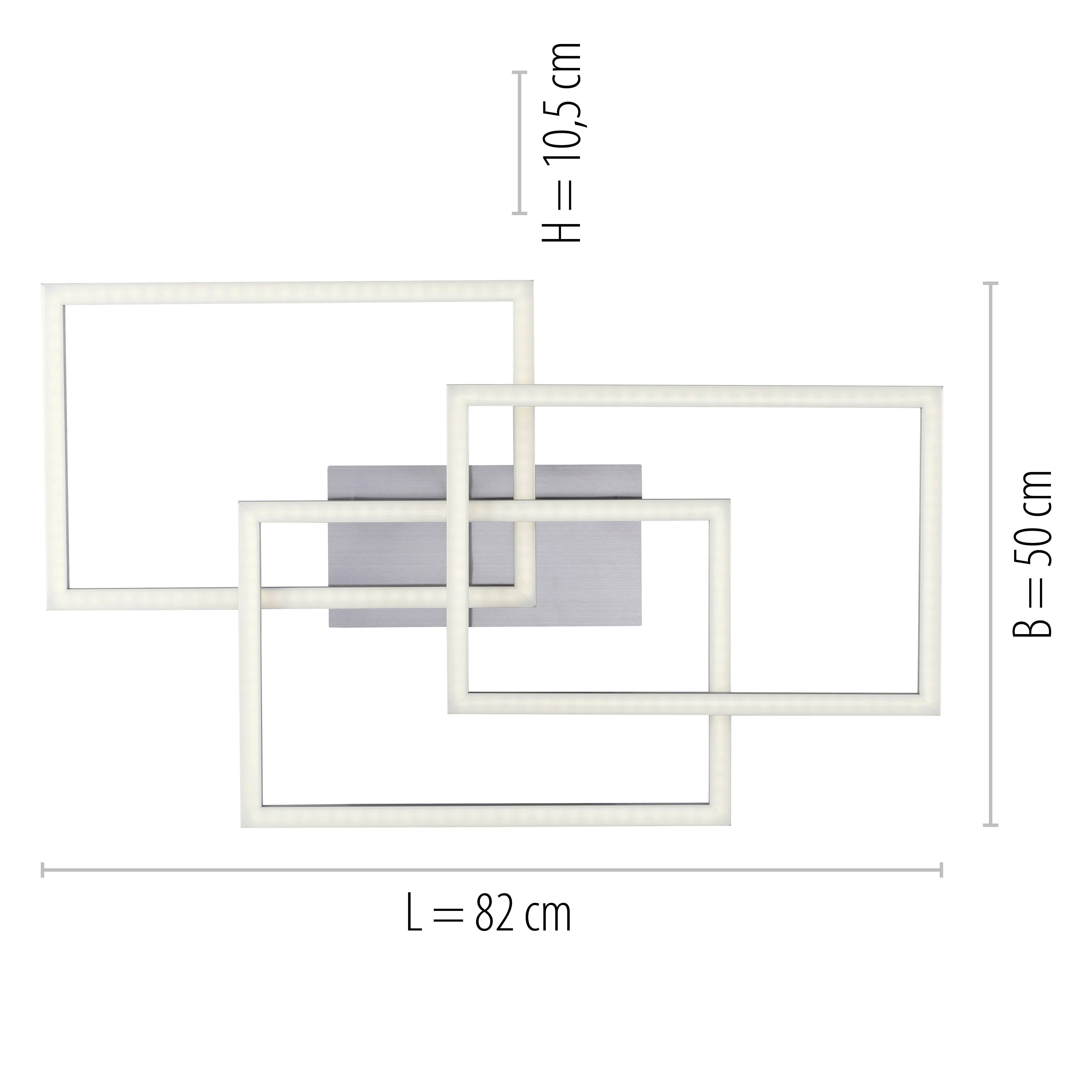 Een geometrisch wandobject bestaande uit drie overlappende witte rechthoekige kaders. Afmetingen: hoogte 10,5 cm, breedte 50 cm, lengte 82 cm.