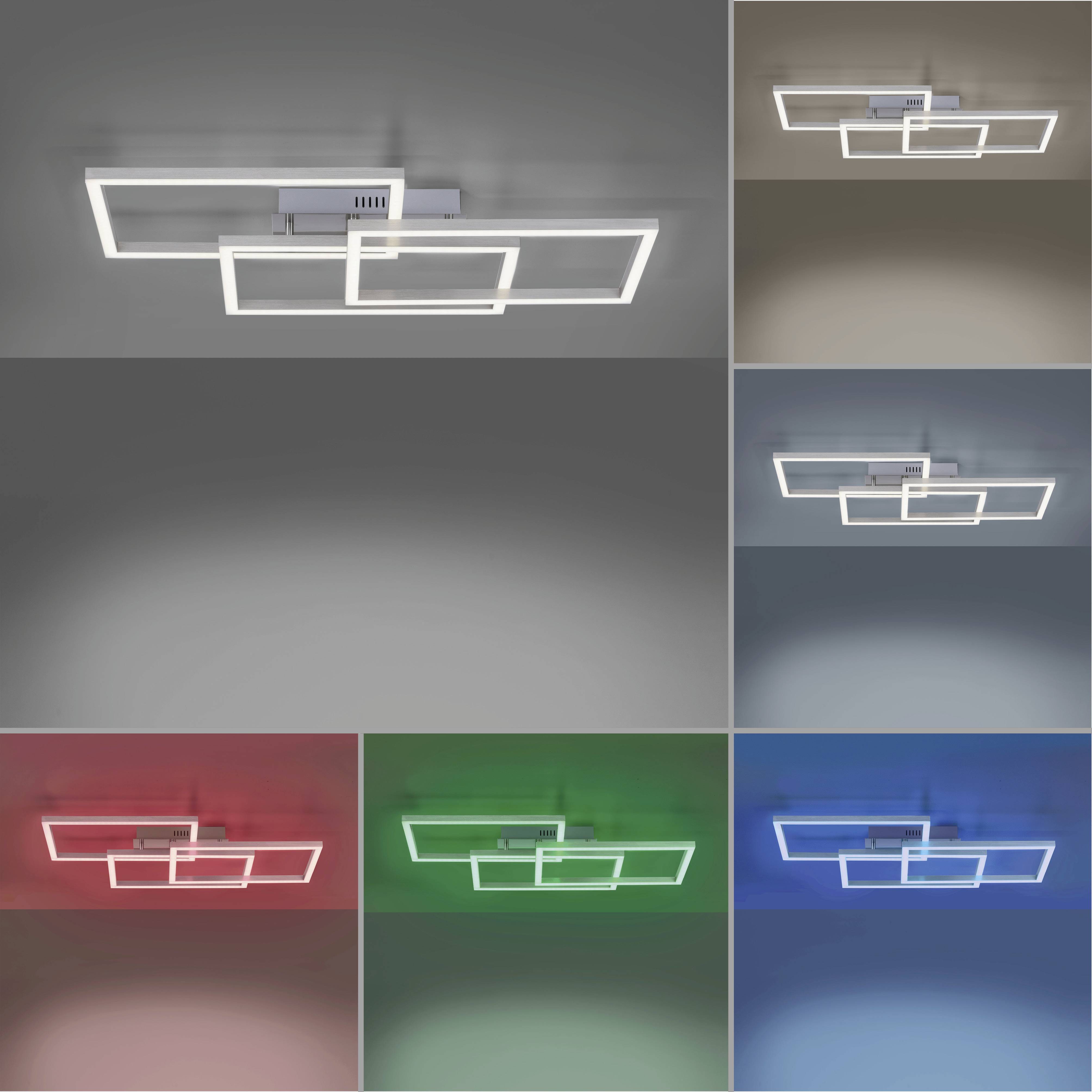Plafondlamp met rechthoekige LED-frame in verschillende kleuren: Wit, Rood, Groen, Blauw; moderne, minimalistische vormgeving.