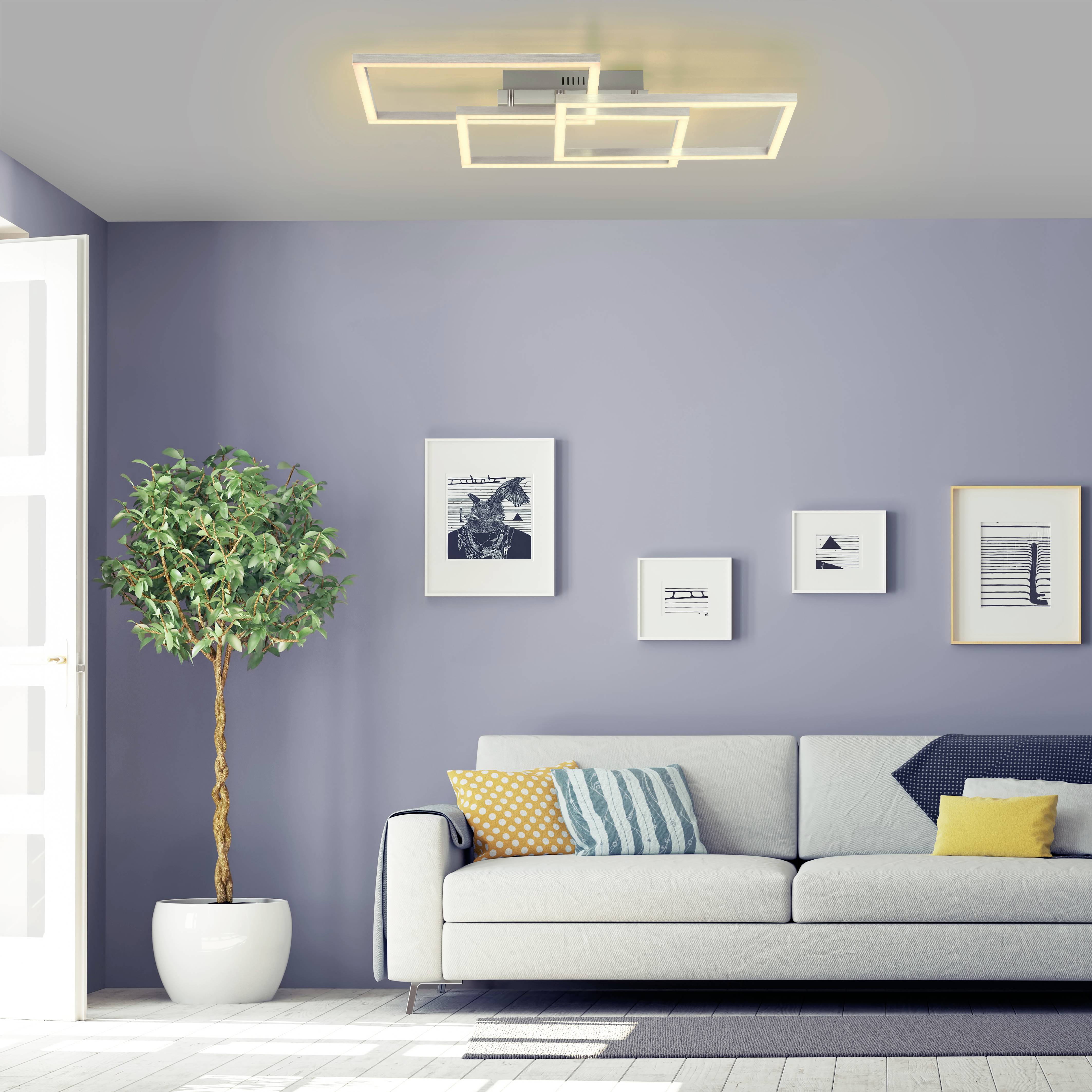 Lichte woonkamer met een grijs bankstel, planten en kunstwerken aan de muur. Modern, minimalistisch ontwerp met veel daglicht.
