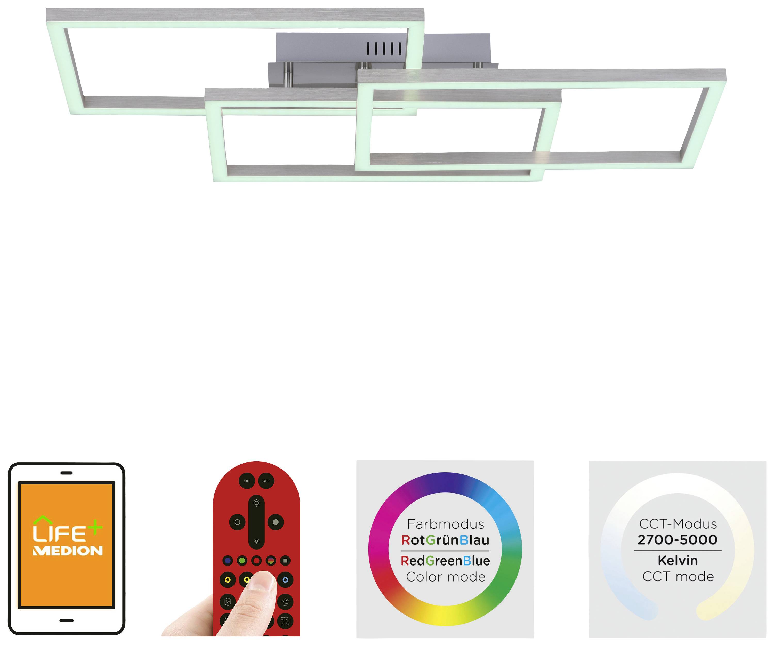 Plafondlamp met rechthoekig ontwerp. Bedienbaar via afstandsbediening of app. Kleurmodus-optie: Rood, Groen, Blauw. CCT-bereik: 2700-5000 Kelvin.
