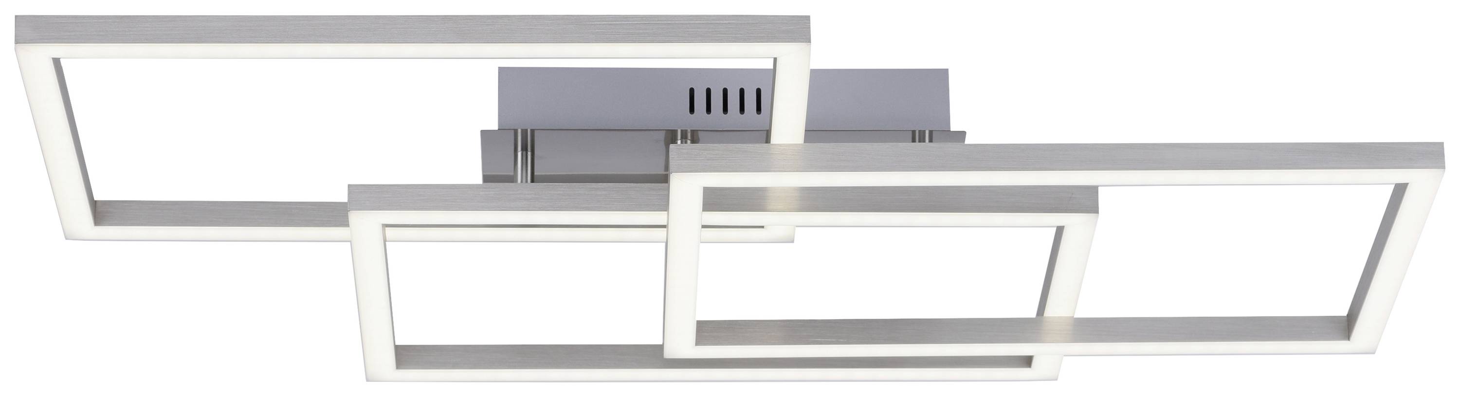 De plafondlamp heeft een modern design met drie rechthoekige, overlappende frames in metaallook die wit licht uitstralen.