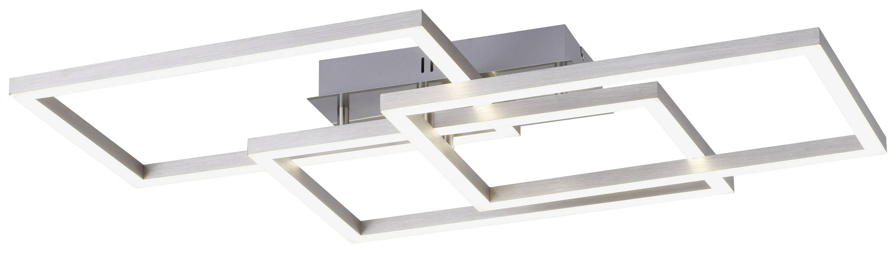 Een moderne plafondlamp met drie in elkaar geschoven rechthoekige LED-frames in zilverkleur.