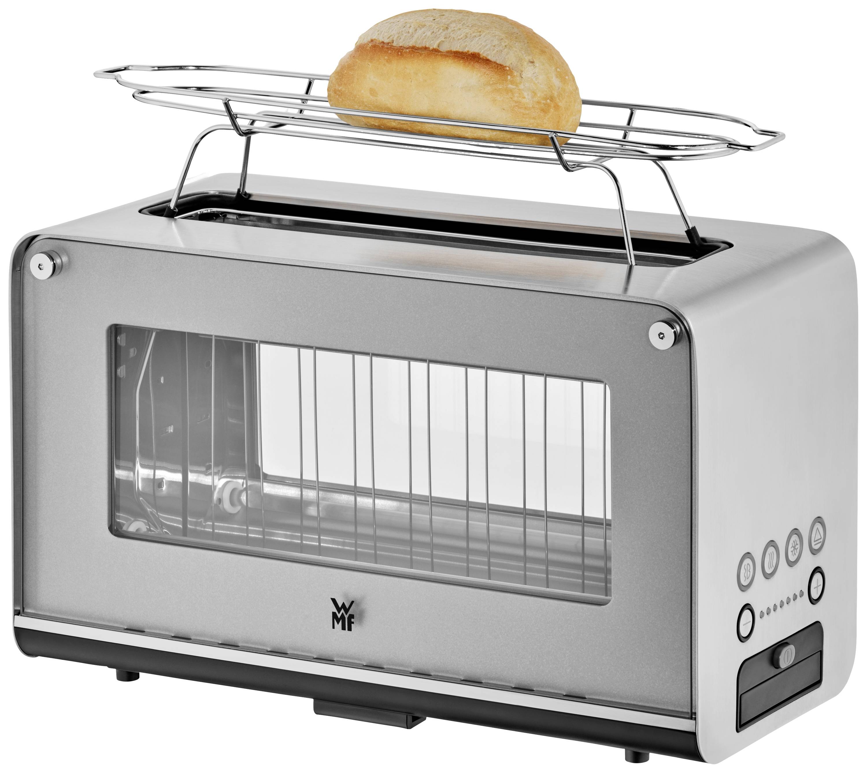 Een moderne broodrooster met een glazen venster, roestvrijstalen frame en bedieningselementen aan de zijkant. Bovenop ligt een broodje op een broodjeshouder.