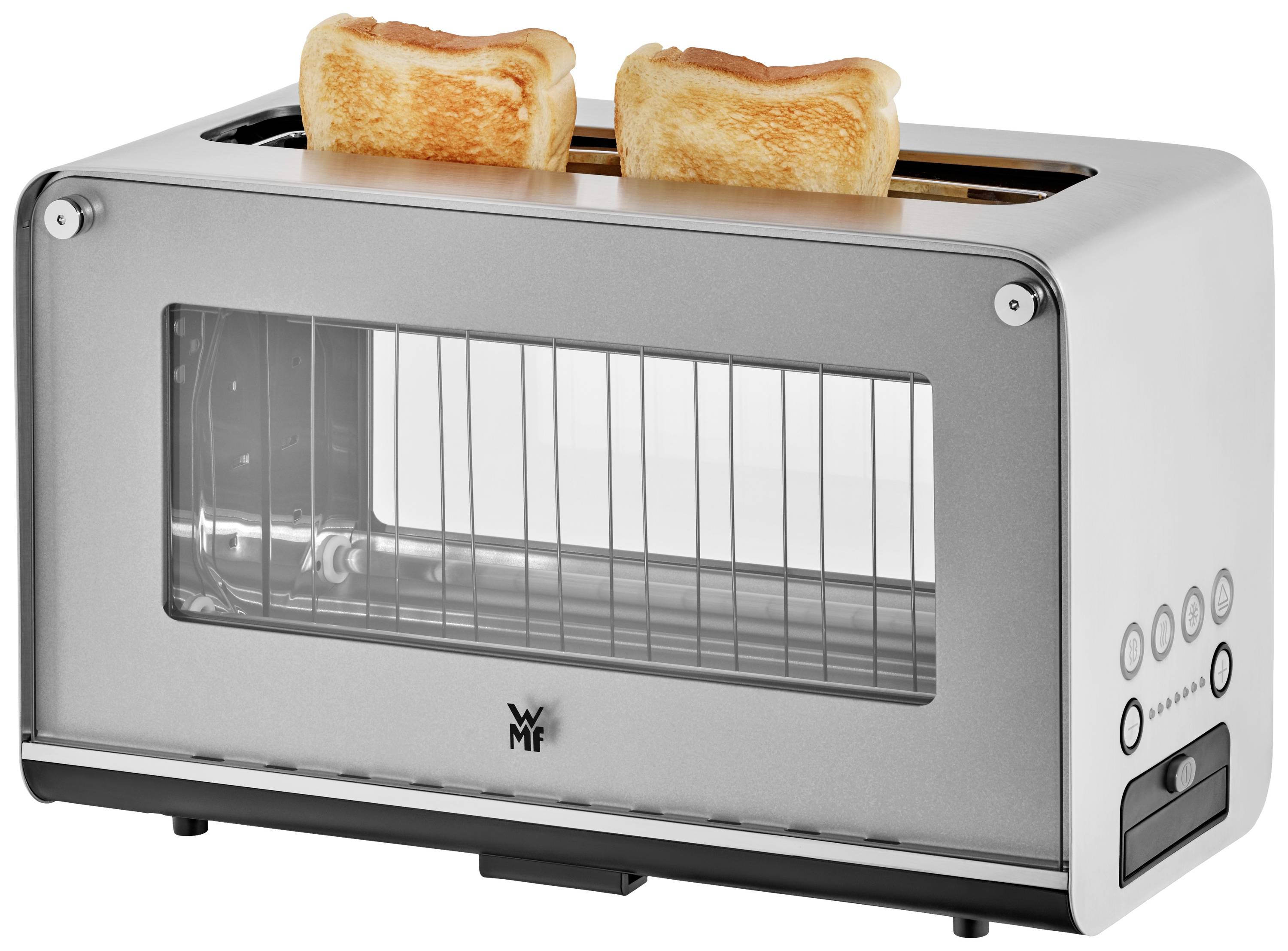 Broodrooster met glazen wanden, twee sneetjes toast zijn zichtbaar.