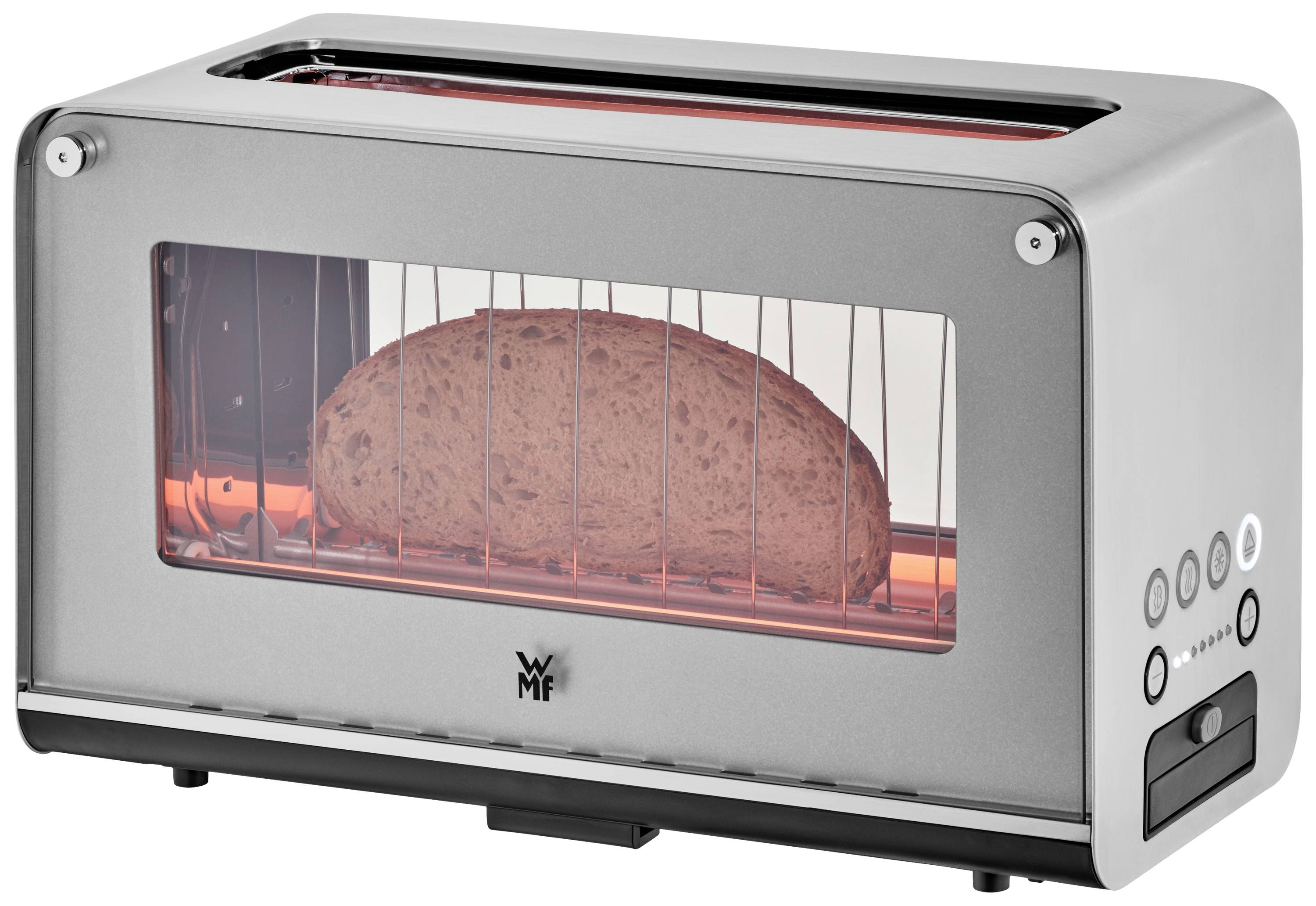 Een zilveren broodrooster met een transparant venster toont een brood dat gelijkmatig wordt geroosterd. Links zijn verwarmingselementen zichtbaar.