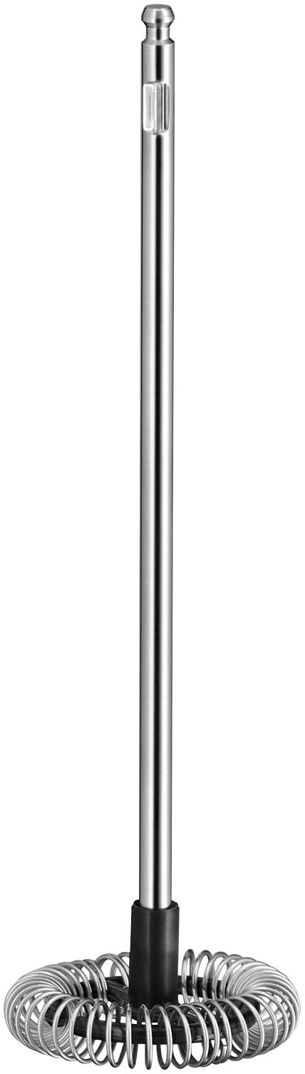 Metalen schuimlepel met een spiraalvormige kop en een lange steel, voornamelijk gebruikt in de keuken of voor het mengen van vloeistoffen.