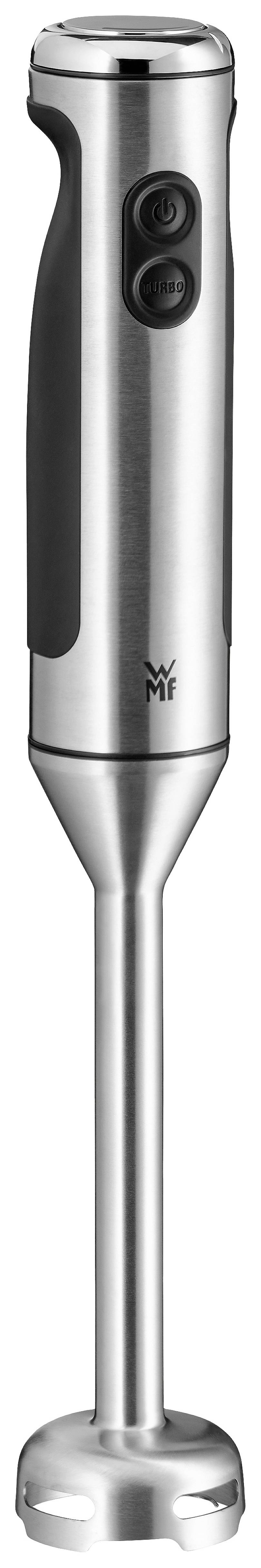 Staafmixer van roestvrij staal met twee knoppen en een ergonomische handgreep. Geschikt voor het mengen van ingrediënten in de keuken.