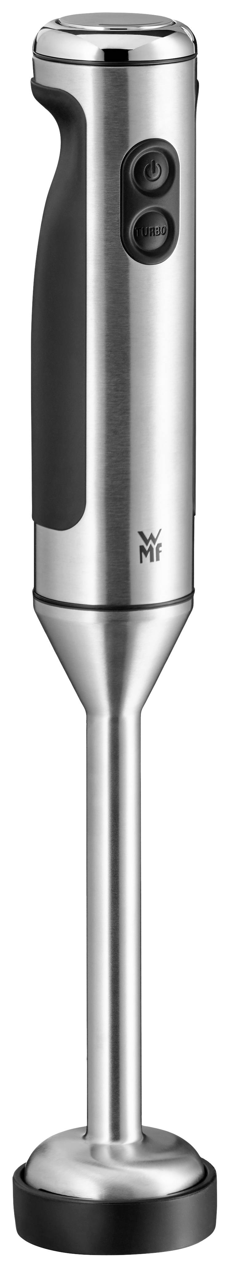 Een zilveren staafmixer met zwarte handgreep en twee bedieningsknoppen. Ideaal voor het verkleinen en mengen van ingrediënten in de keuken.